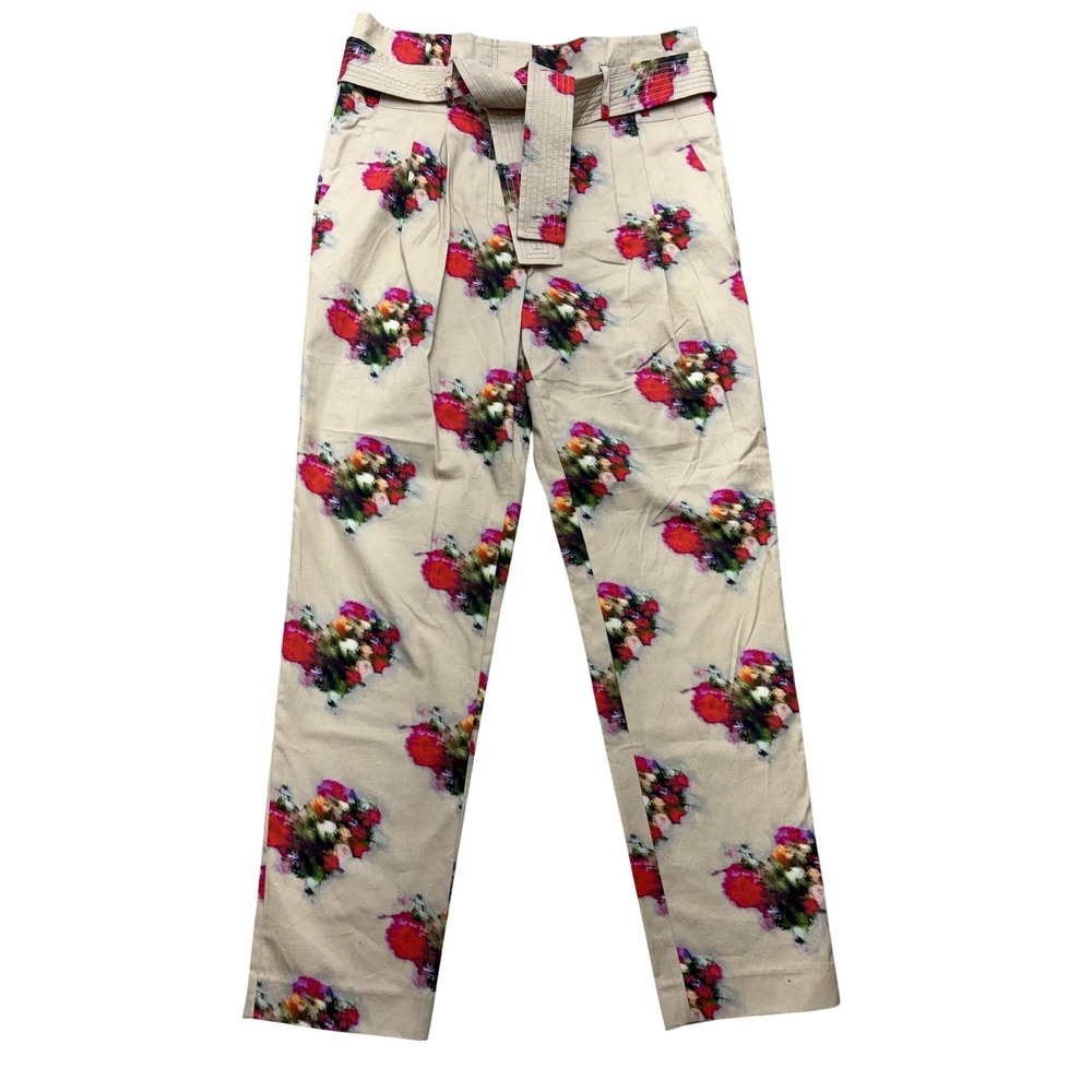 Adam Lippes Floral Twill Pants Womens 6 Beige Pleated Belted Straight Leg USA